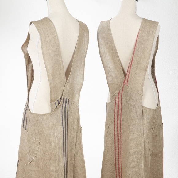 CLOSEOUT!  Blue/Tan or Red/Tan Natural Linen Criss Cross Back Apron - 28" x 35" - Picture 2 of 5